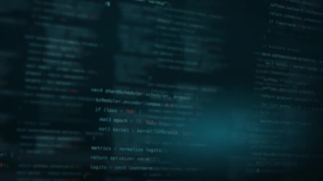 Dynamic blurred code background featuring cyan and teal hues, with glowing text elements creating a futuristic digital atmosphere, perfect for technology-themed projects and presentations.