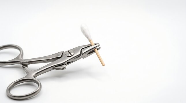 Close-up of medical scissors holding a cotton swab against a white background, highlighting precision and hygiene in healthcare