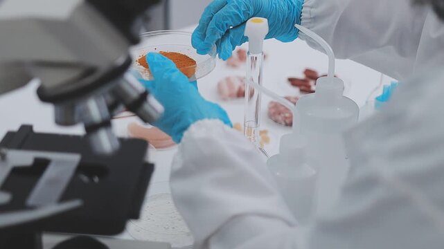 Scientist testing food samples in lab with microscope, vegetables, and meat for safety, nutrition, and biotechnology