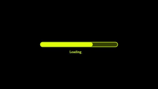 A yellow horizontal loading bar with the text loading and an underscore symbol isolated on a solid black background for digital software progress