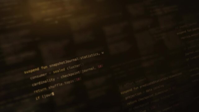 Dynamic Blurred Code Background Featuring Amber Data with Glowing Text Elements, Soft Focus, and a Tilted Perspective for Technology and Programming Themes