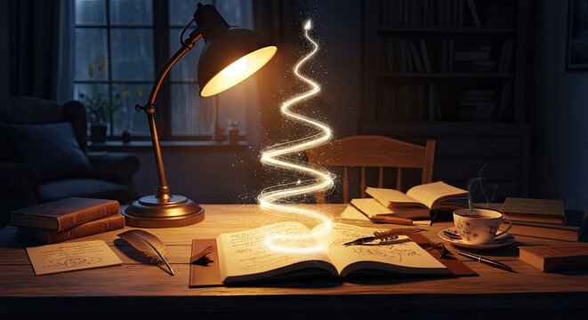Magical light spiral emerging from open book on desk.