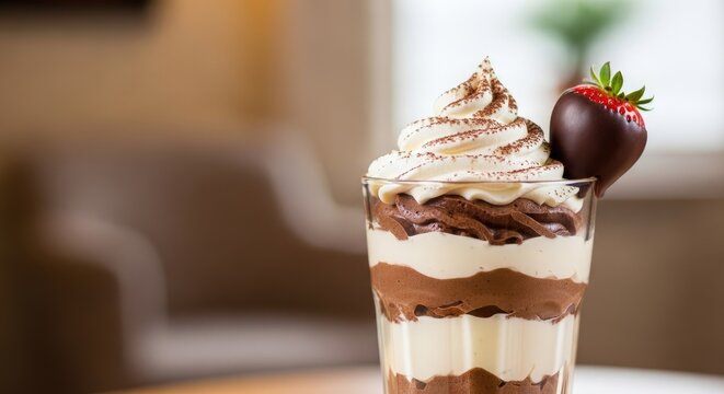 Decadent chocolate mousse dessert topped with whipped cream and strawberry.