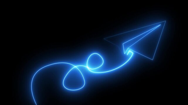 Glowing Neon Paper Airplane Flight Path Icon on Black Background 4K Animation. Neon Blue Airplane liner icon. Neon glowing travel dream concept .