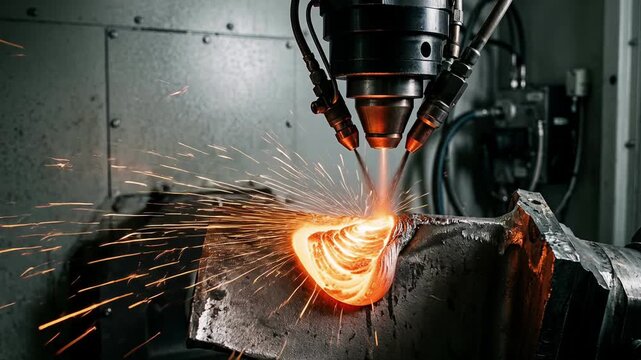 Laser cladding head depositing molten metal onto a worn steel part