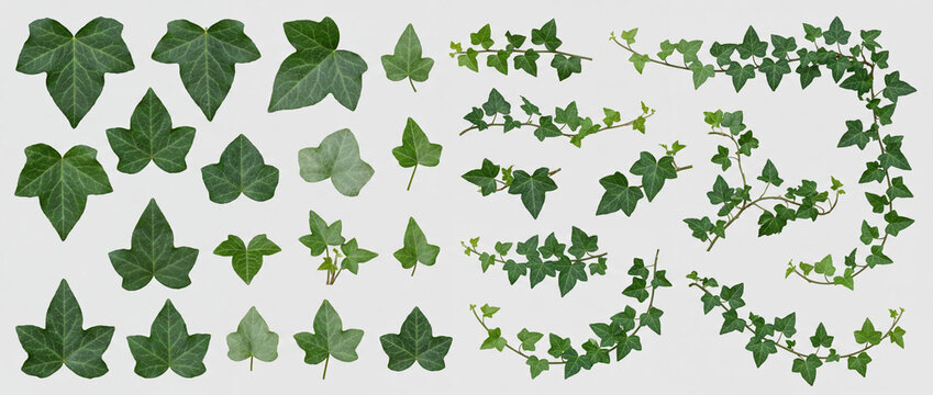 Different kinds of ivy leaves are laid out on a flat surface. The leaves show various shapes and sizes. This display highlights the natural diversity found in ivy plants