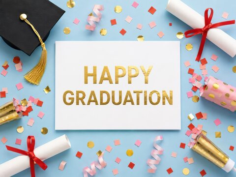 Happy Graduation Celebration: A festive flat lay featuring a graduation cap, diplomas tied with red ribbons, and confetti scattered around a card that reads HAPPY GRADUATION.