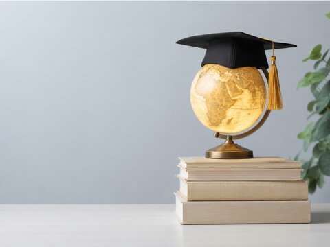Global Education Attainment: A glowing globe, adorned with a graduation cap, rests atop a stack of books, symbolizing worldwide academic achievement and learning.