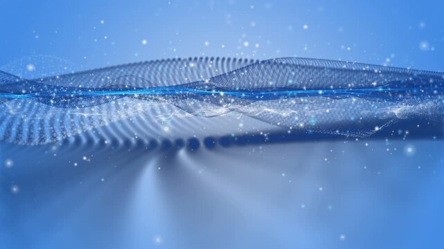 Futuristic video animation with wave object and glitter particles in slow motion, 4096x2304 loop 4K