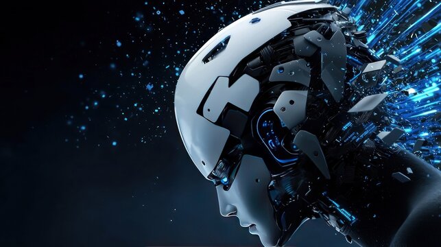 Futuristic robot head exploding into digital data particles and light streaks.