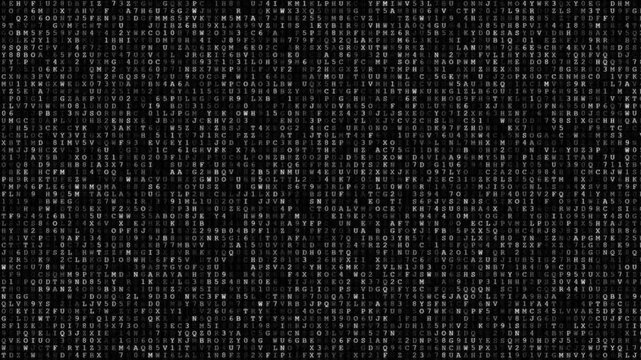 Falling Digital Code Rain Background, White Alphanumeric Characters Cascading On Black Screen, Cyberspace Matrix Animation, Technology Data Stream And Hacker Concept