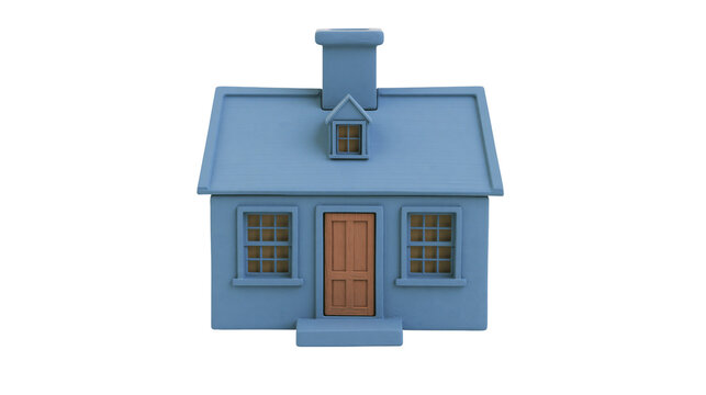 Blue miniature house with brown door and dormer window, isolated on transparent background
