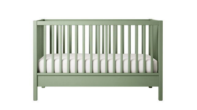 Sage green wooden crib with white mattress, isolated on transparent background