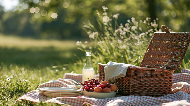 Sunlit picnic blanket with a wicker hamper in a meadow