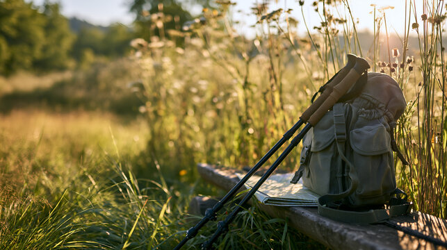 Walking poles and a day pack at a sunlit trail bench