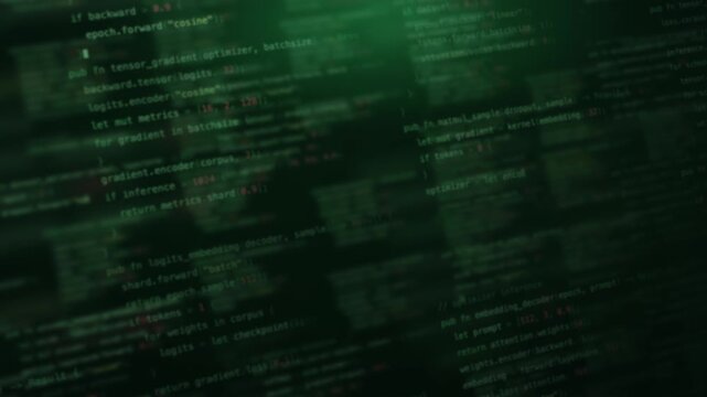 Dynamic blurred code background with glowing green text and dark elements, perfect for tech or programming themes, featuring a soft-focus effect and perspective shift for a futuristic feel.