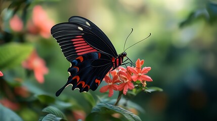 Fototapeta premium Hummingbird feeding on red flowers in natural sunlight nature