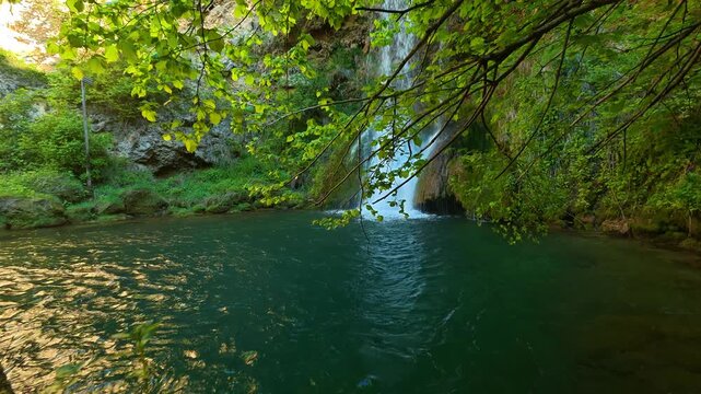 Sunlight filters through leaves above a hidden waterfall. Veliki Buk, Serbia.