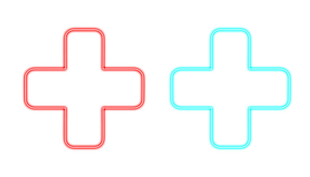 Red and blue neon plus signs isolated on transparent background