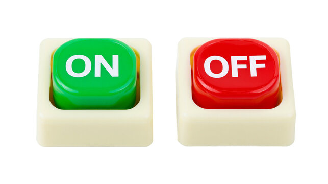 Green ON and red OFF push buttons, isolated on transparent background