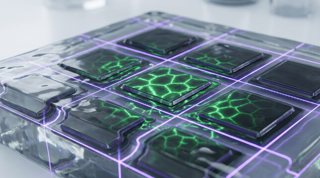Futuristic microchip processor grid with glowing neon light lines, high tech semiconductor technology concept on laboratory table
