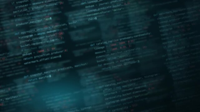 Dynamic blurred code background featuring cyan data streams with soft focus and glowing text elements, creating a futuristic digital atmosphere perfect for tech presentations and programming visuals.
