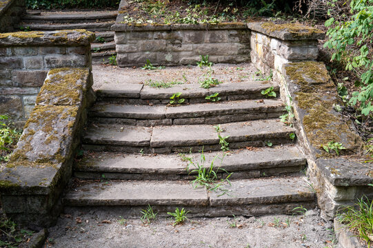 Old stone steps with moss and weeds