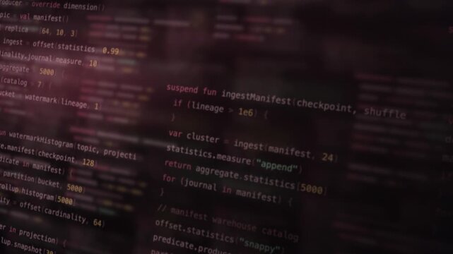 Dynamic blurred code background featuring a mix of soft glowing text elements in shades of dark gray, muted pink, and teal, creating a tech-inspired atmosphere perfect for programming or data