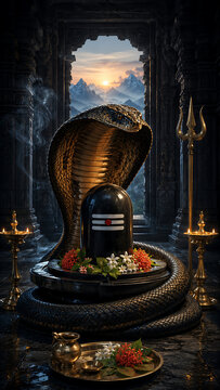 Majestic cobra protecting sacred shiv lingam with trident flowers and oil lamps during nag panchami worship inside mountain temple at sunrise scene