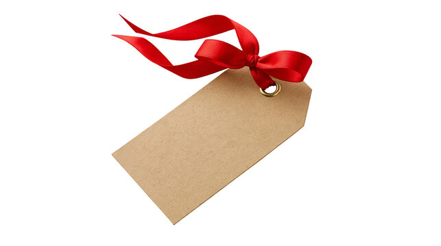 Brown kraft paper gift tag with red satin ribbon bow, isolated on transparent background