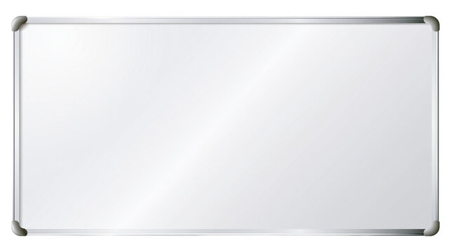 Blank white rectangular whiteboard with silver metal frame, isolated on transparent background