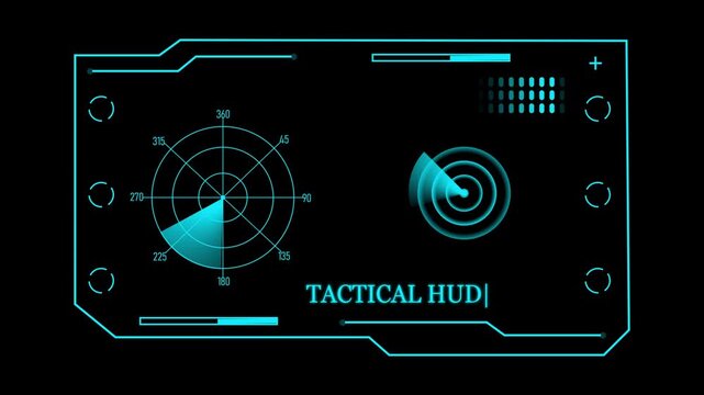 Digital tactical hud interface with circular radar scanners and data readouts on a dark background for futuristic technology and gaming applications