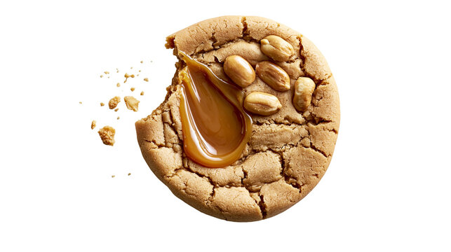Cracked peanut butter cookie with gooey caramel filling and whole peanuts, isolated on transparent background