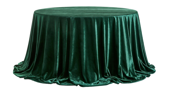 Round table draped with a rich emerald green velvet tablecloth, isolated on transparent background