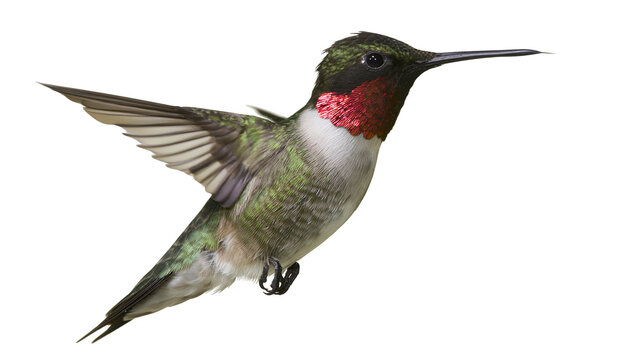 Male ruby-throated hummingbird with iridescent green feathers, isolated on transparent background