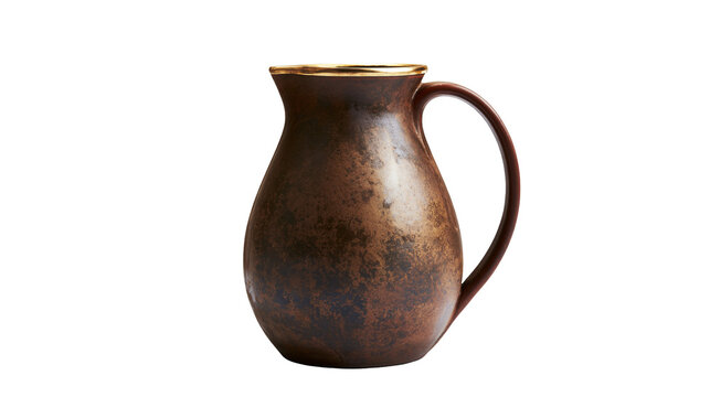 Rustic brown ceramic pitcher with golden rim, isolated on transparent background