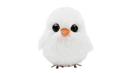 Fluffy white chick toy with big black eyes and orange beak, isolated on transparent background © Timo