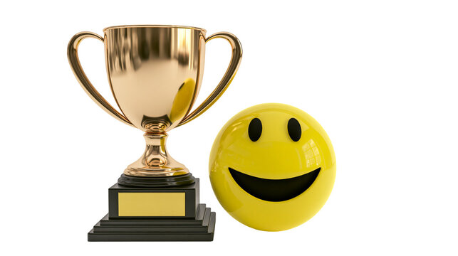 Golden trophy with blank plaque and yellow smiley face, isolated on transparent background