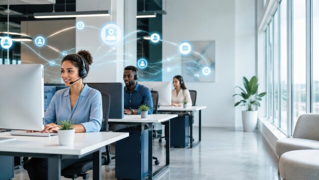 Modern AI Contact Center Team in Bright Open Office