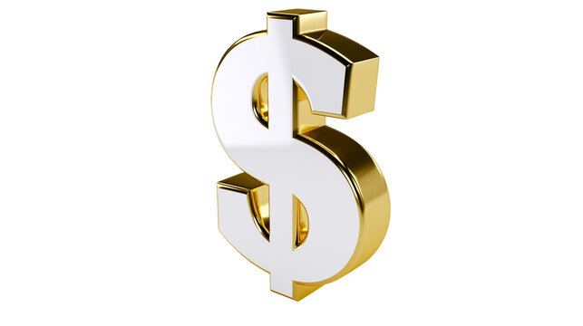 Shiny gold and white dollar symbol, isolated on transparent background