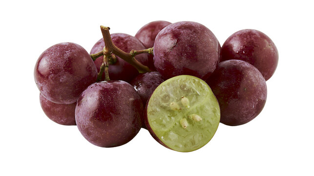 Cluster of ripe red grapes one cut in half revealing green flesh and seeds, isolated on transparent background