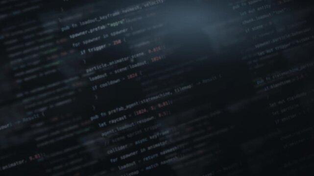 Dynamic blurred code background showcasing a slate game aesthetic with soft glowing identifiers and keywords in a high-tech environment, perfect for tech presentations or game development visuals.