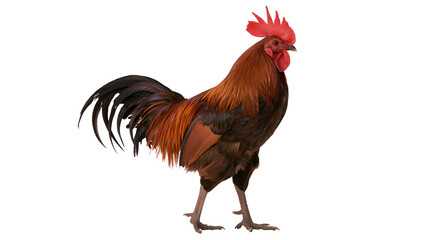 Brown rooster with red comb and black tail feathers, isolated on transparent background © Timo