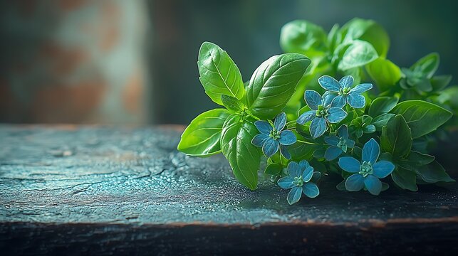 Fresh basil and blue flowers on rustic wood, blurred background, food styling