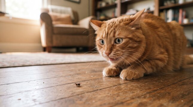 Orange ginger cat stalking an insect on a wooden living room floor