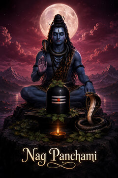 Mahadev blessing devotees beside sacred shiv lingam and cobra during nag panchami celebration beneath radiant full moon over mystical mountain lake landscape