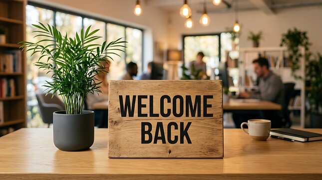Welcome back sign on a wooden desk in a modern office with blurred coworkers in the background