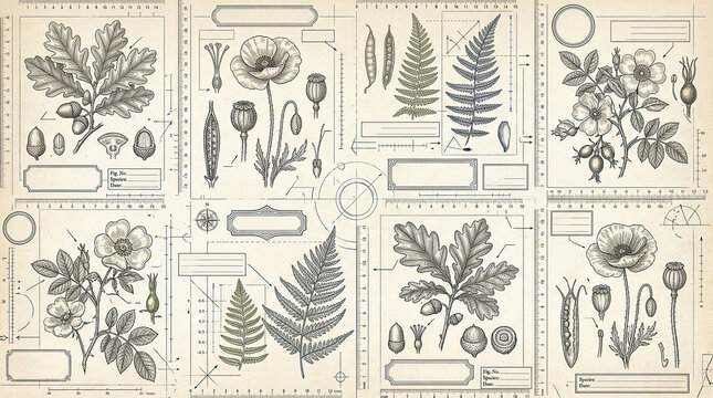 Botanical scientific illustrations and blueprints of plants vintage style.