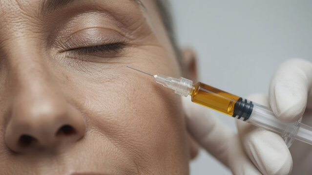 Prp facial treatment under eye anti aging procedure with doctor hands holding syringe close up