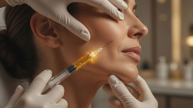 Cosmetic PRP facial treatment injection on woman cheek with gloving hands in clinical aesthetic clinic